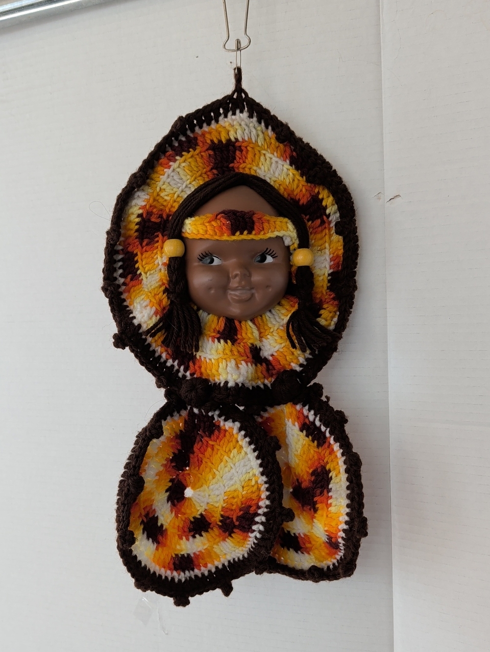 Handmade Brown, Yellow & Orange Crochet Doll Wall Hanging Native American